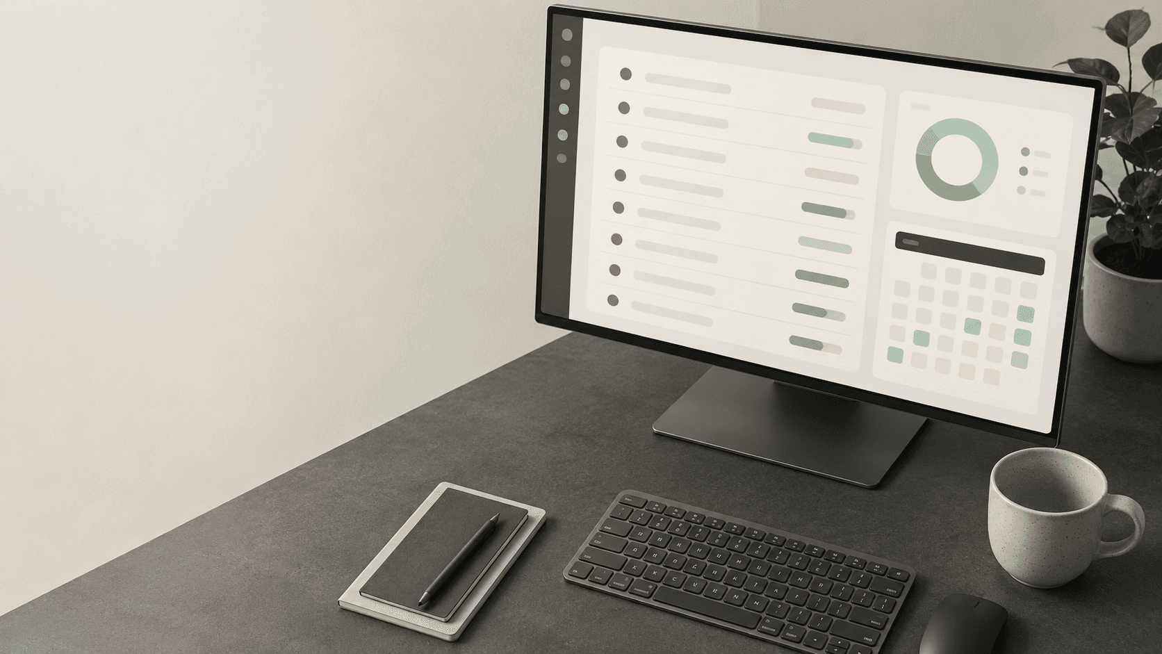 A graphite desk showing a subscription ledger with a spend donut and a renewal calendar