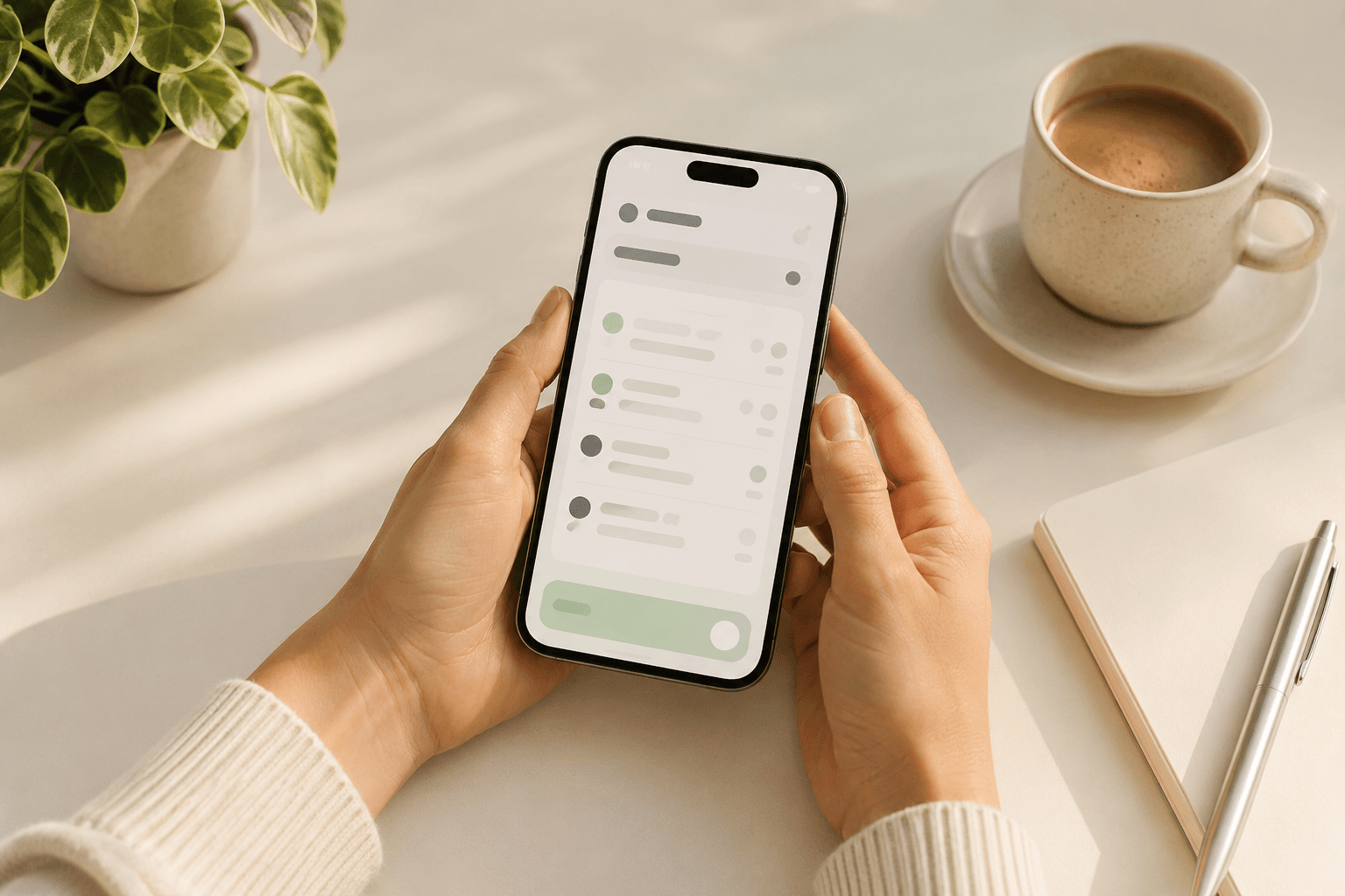 A person reviewing their subscriptions on a phone at a bright desk